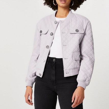 River Island Purple faux leather quilted bomber jacket – pocket and button detail jackets - flipped