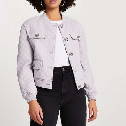 River Island Purple faux leather quilted bomber jacket – pocket and button detail jackets