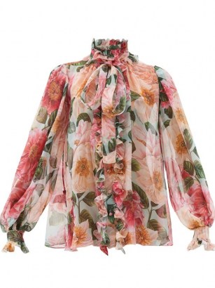 DOLCE & GABBANA Pussy-bow camelia-print silk-chiffon blouse ~ romantic Italian blouses ~ high neck and floral prints - flipped
