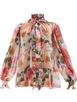 DOLCE & GABBANA Pussy-bow camelia-print silk-chiffon blouse ~ romantic Italian blouses ~ high neck and floral prints