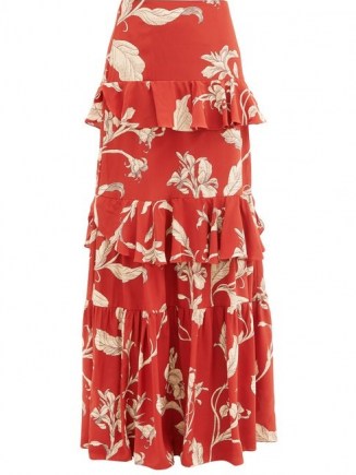 JOHANNA ORTIZ Real Thinking floral silk-georgette maxi skirt / long red tiered skirts / ruffled tiers