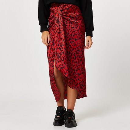 River Island Red printed twist front midi skirt | asymmetric skirts - flipped