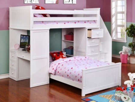 Factory Bunk Beds RESORT LIFE TWIN OVER TWIN STAIRCASE STUDENT LOFT BED IN CLOUD WHITE (EOLA COLLECTION) - flipped