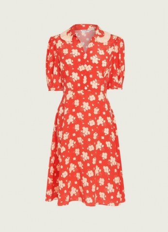 L.K. BENNETT ROISIN CORAL SWEET WILLIAM PRINT SILK DRESS / bright vintage style tea dresses - flipped