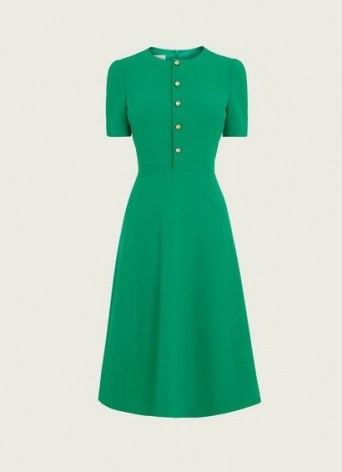 L.K. BENNETT ROSALIE GREEN CREPE FIT AND FLARE DRESS / classic short sleeve flared skirt dresses - flipped