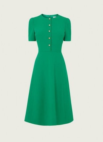 L.K. BENNETT ROSALIE GREEN CREPE FIT AND FLARE DRESS / classic short sleeve flared skirt dresses