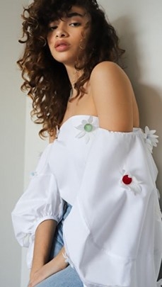 Rosie Assoulin Balloon Sleeve Top / white floral applique off the shoulder tops / bardot - flipped