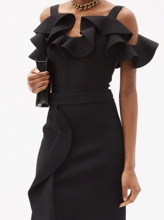 ALEXANDER MCQUEEN Ruffled-shoulder knitted cropped top | black evening knits - flipped