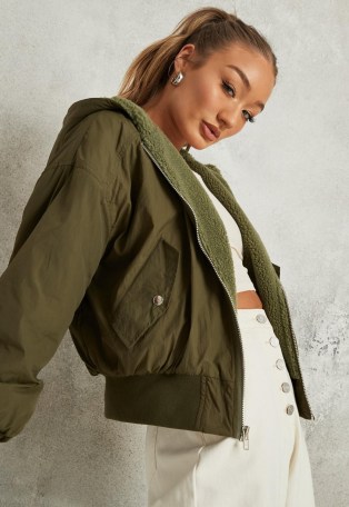 Missguided sage borg lined zip through bomber jacket | green weekend jackets - flipped