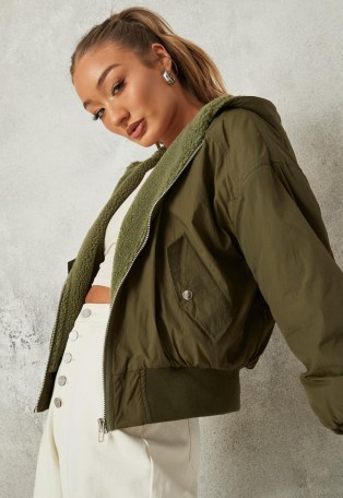 Missguided sage borg lined zip through bomber jacket | green weekend jackets