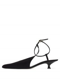 KHAITE Seville point-toe satin pumps ~ elegant black kitten heels ~ point toe ankle strap shoes ~ asymmetric shoe