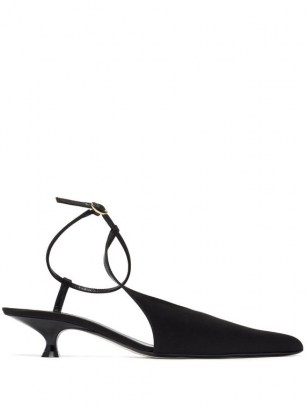 KHAITE Seville point-toe satin pumps ~ elegant black kitten heels ~ point toe ankle strap shoes ~ asymmetric shoe - flipped