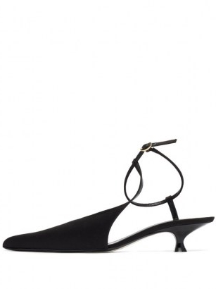 KHAITE Seville point-toe satin pumps ~ elegant black kitten heels ~ point toe ankle strap shoes ~ asymmetric shoe