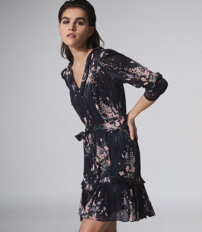 REISS SHANNON FLORAL PRINTED MIDI DRESS NAVY PRINT / feminine floral dresses - flipped