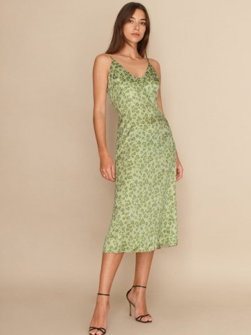 REFORMATION Sofia Dress Alexia ~ green floral slip dresses ~ cami strap ~ midi length - flipped