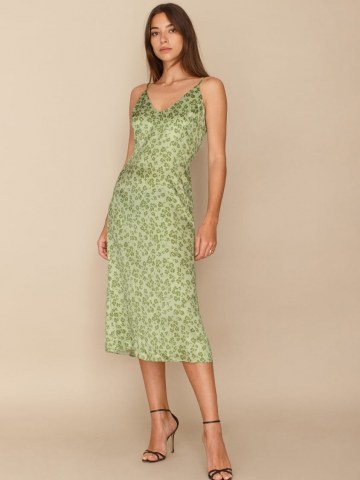 REFORMATION Sofia Dress Alexia ~ green floral slip dresses ~ cami strap ~ midi length