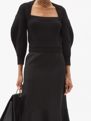 ALEXANDER MCQUEEN Square-neck ribbed cotton sweater | black puff sleeve jumper - flipped