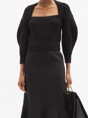 ALEXANDER MCQUEEN Square-neck ribbed cotton sweater | black puff sleeve jumper