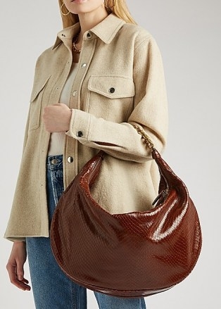 STAUD Sasha large python-effect leather shoulder bag ~ brown snake embossed handbag - flipped