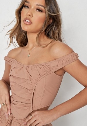 MISSGUIDED stone co ord ruched corset top – fitted gathered detail tops - flipped