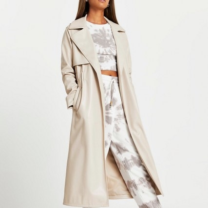 River Island Stone faux leather trench coat – neutral open front coats - flipped