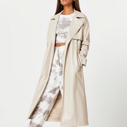 River Island Stone faux leather trench coat – neutral open front coats