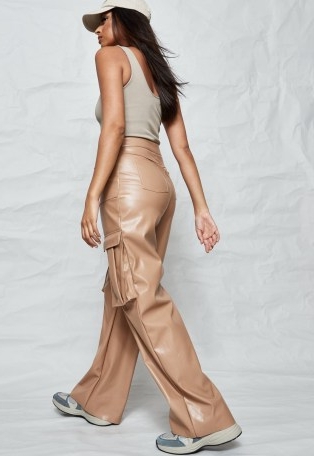 Missguided tall taupe faux leather straight leg cargo trousers – pocket detail pants
