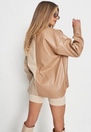 Missguided tall toffee faux leather contrast button shirt – tonal brown shirts – colour block trend - flipped