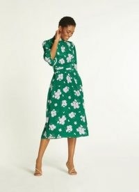 L.K. BENNETT TAMARA GREEN SWEET WILLIAM PRINT SILK DRESS / floral puffball sleeve dresses / fitted waist