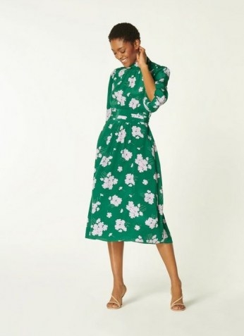 L.K. BENNETT TAMARA GREEN SWEET WILLIAM PRINT SILK DRESS / floral puffball sleeve dresses / fitted waist - flipped