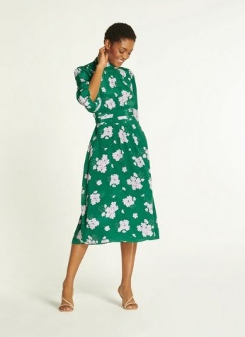 L.K. BENNETT TAMARA GREEN SWEET WILLIAM PRINT SILK DRESS / floral puffball sleeve dresses / fitted waist