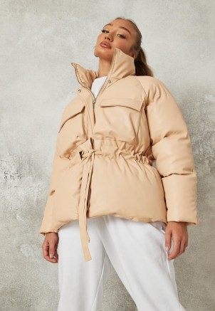 MISSGUIDED tan faux leather matte tie waist puffer jacket ~ high neck jackets - flipped