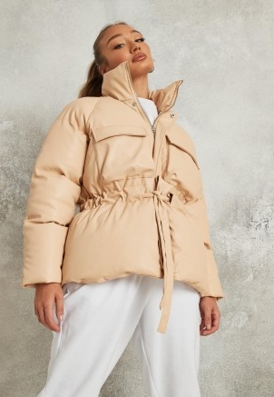 MISSGUIDED tan faux leather matte tie waist puffer jacket ~ high neck jackets