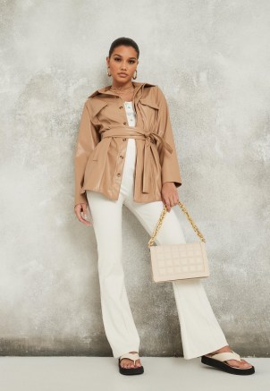 MISSGUIDED taupe faux leather belted shacket ~ luxe style shackets - flipped
