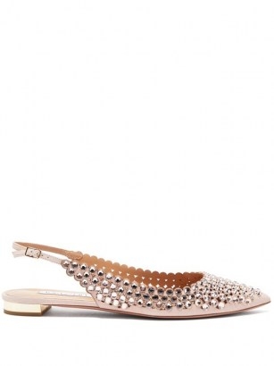 AQUAZZURA Tequila crystal-embellished slingback suede flats / luxe slingbacks / shimmering light pink flat shoes - flipped