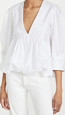 Tibi Sculpted Tucked Sleeve Top | white voluminous Deep V-front neckline blouse - flipped