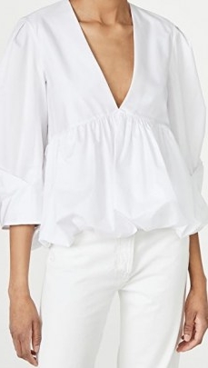Tibi Sculpted Tucked Sleeve Top | white voluminous Deep V-front neckline blouse