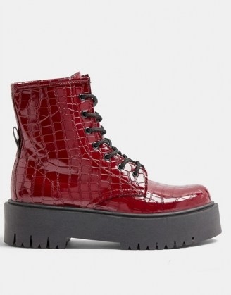 Topshop chunky croc patent boots in burgundy - flipped