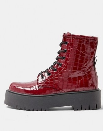 Topshop chunky croc patent boots in burgundy