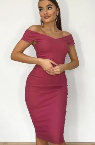 Vesper Martia Rose Bardot Midi Dress is an off the shoulder form fitting design, created using a stretch fabric, so you can show off your curves and add a touch of old Hollywood glamour to your special event outfit. Add a pair of killer heels and a sparkly clutch to complete the look. - flipped