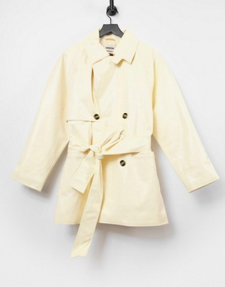 Weekday Janis short trench coat in cream patent ~ double breasted coats - flipped