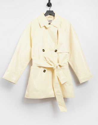 Weekday Janis short trench coat in cream patent ~ double breasted coats