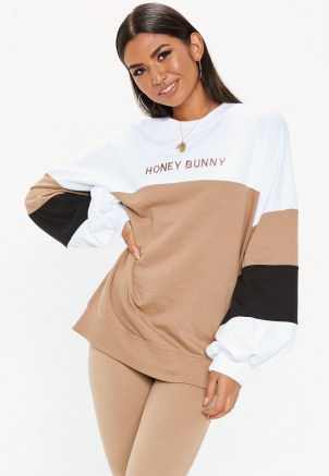 MISSGUIDED white colour block honey bunny sweatshirt – shades of brown fashion