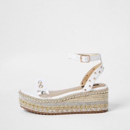 River Island White embellished espadrille flatform sandals | stud and crystal flatforms | ankle strap wedges - flipped