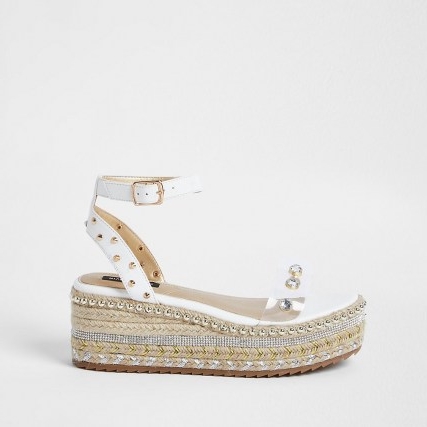 River Island White embellished espadrille flatform sandals | stud and crystal flatforms | ankle strap wedges