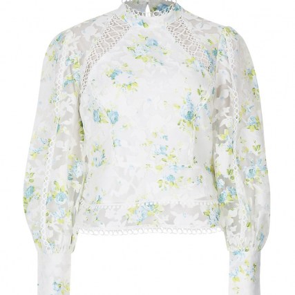 RIVER ISLAND White Print Ls Peplum Trim Top / floral lace trimmed tops / long sleeve romantic style blouse / semi sheer blouses - flipped