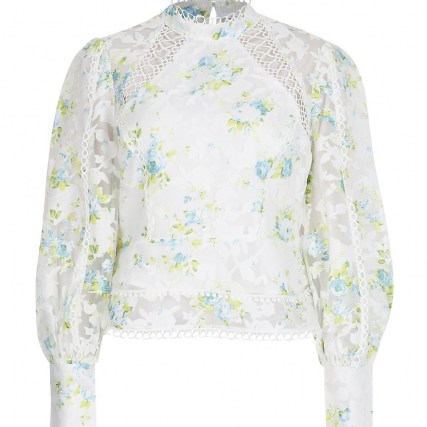 RIVER ISLAND White Print Ls Peplum Trim Top / floral lace trimmed tops / long sleeve romantic style blouse / semi sheer blouses