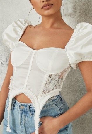 Missguided white satin lace suspender detail crop top | follow the lingerie style fashion trend | fitted bust tops - flipped
