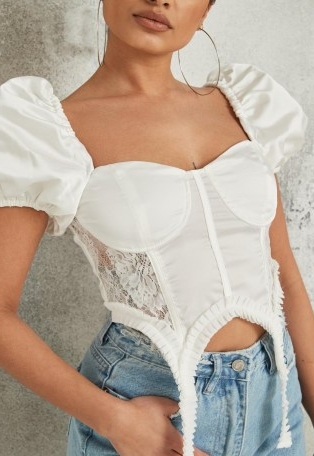 Missguided white satin lace suspender detail crop top | follow the lingerie style fashion trend | fitted bust tops