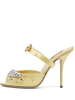 DOLCE & GABBANA Crystal-embellished satin sandals ~ bejewelled mules ~ luxe Italian footwear ~ luxury yellow sandal